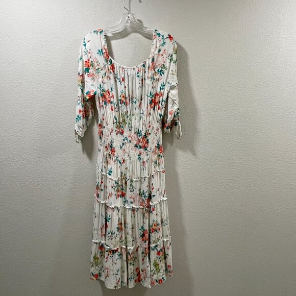 (NWT) FIGUEROA & FLOWER Short Sleeve Smocked Maxi Floral Dress, Ivory/Pink - L - Picture 2 of 16